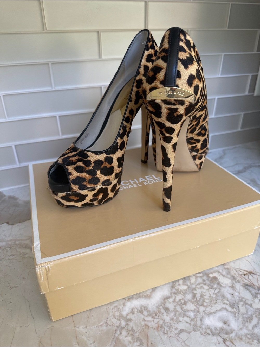 Michael Kors Leopard Print Peep-Toe Platform Heels - Black/Brown